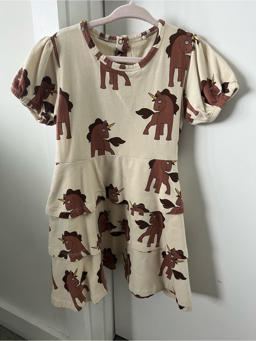 Mini Rodini brown & cream ruffle unicorn dress size 4-5yr old $60